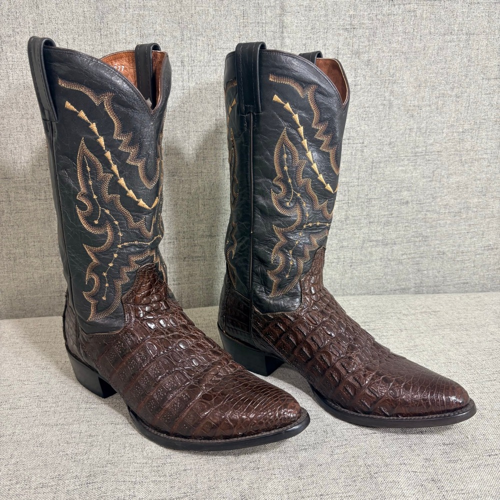 Dan Post Cowboy Boots Men 10 1/2 U Brown Caiman Crocodile Black Leather Western